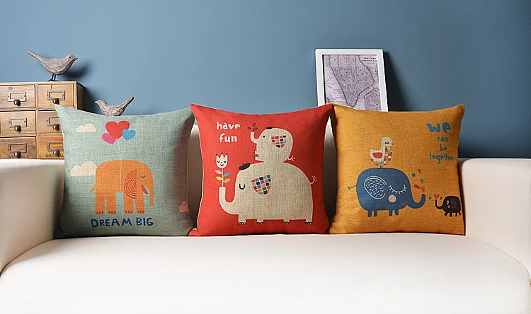 Льняная подушка в скандинавском стиле с изображением слонов|cotton cushion|decorative sofa