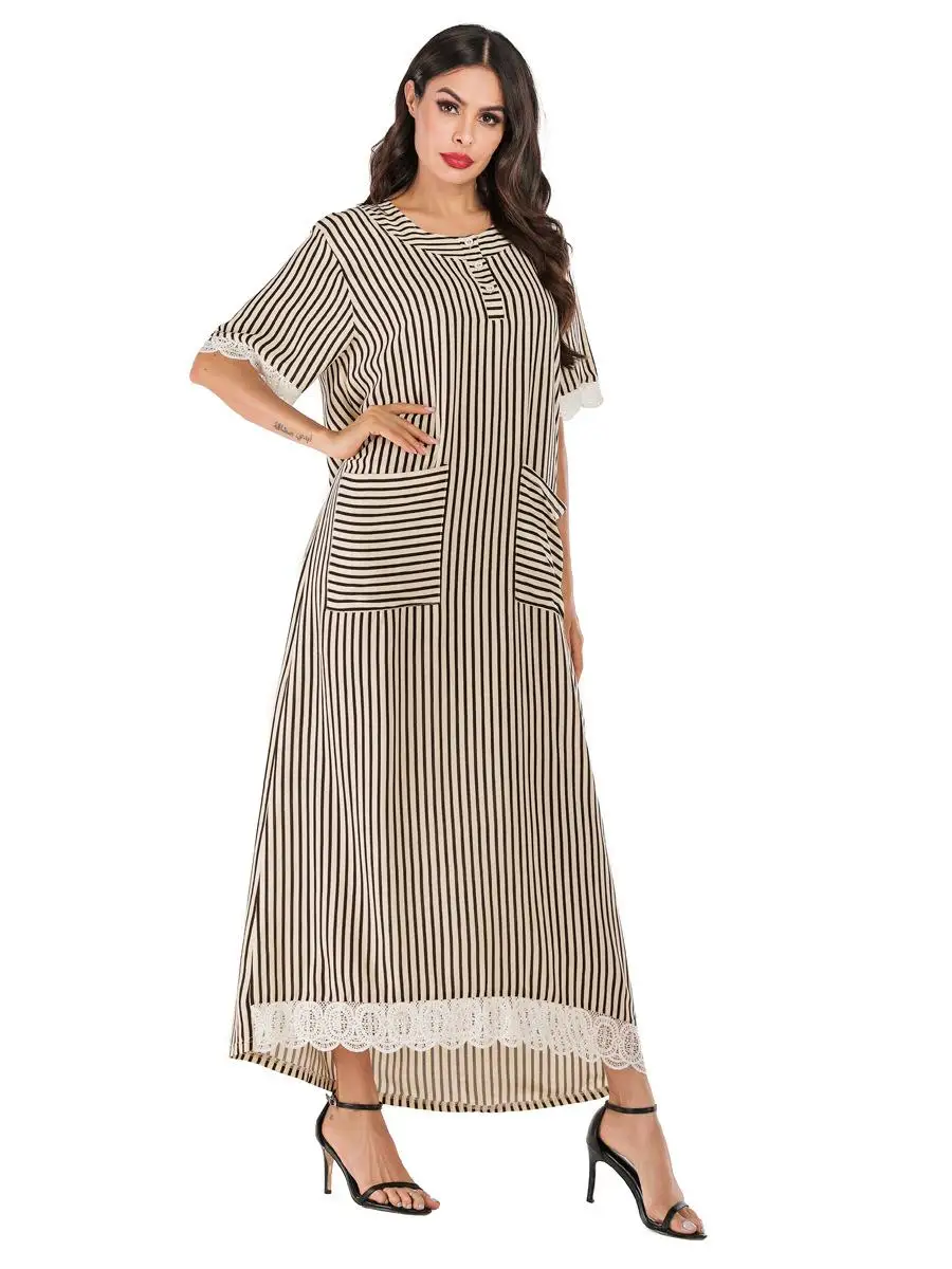 Платье женское длинное в полоску мусульманский халат макси с карманами абайя