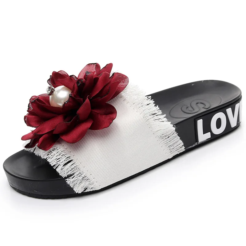 Летние женские сандалии и шлепанцы из джинсовой ткани с цветами на нескользящей