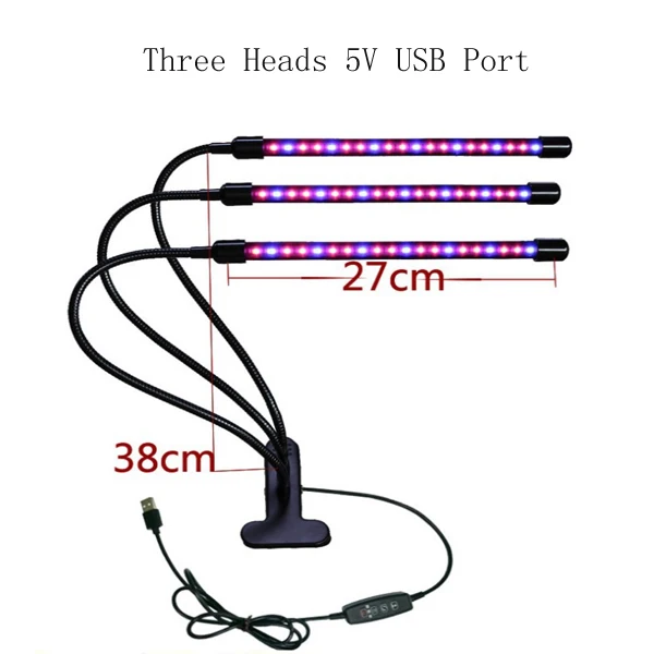 3 head 5V usb Светодиодный светильник для выращивания растений, полный спектр, светильник ing Fitolampy для комнатных растений, цветов, выращивания растений, фито-лампа - Испускаемый цвет: 3 head 5V usb