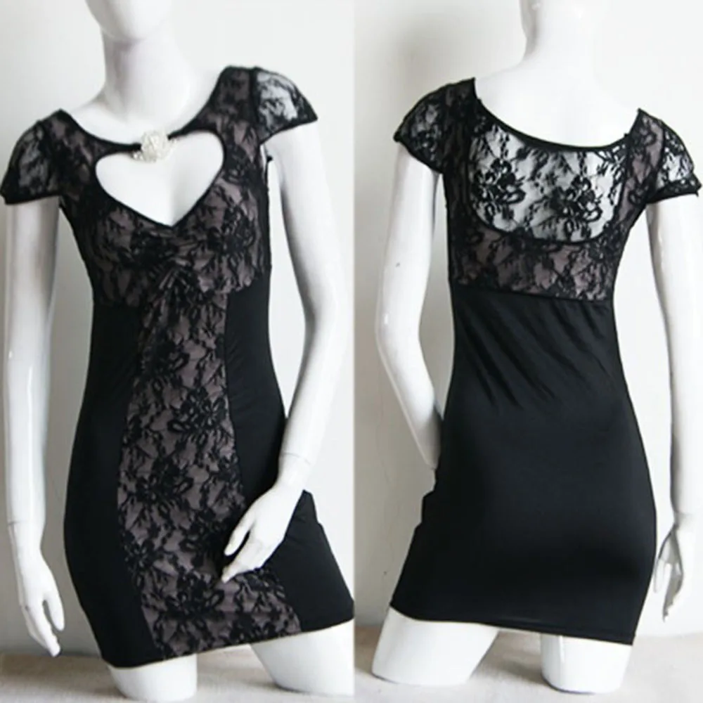 Черное Повседневное платье в стиле пэчворк с коротким рукавом и милым сердечком