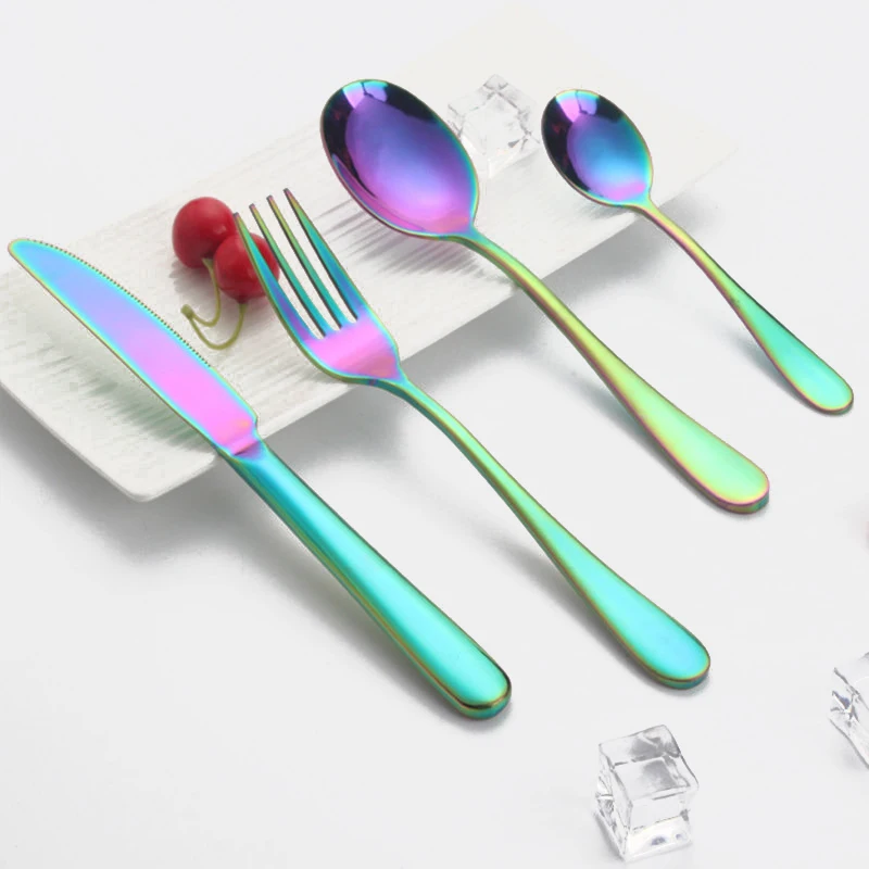 

Western Food Steak Knife Full Set Dinner Spoon Salad Fork Coffee Mixing Scoop Tableware Electroplate Rainbow Cutlery Set 4pc/set