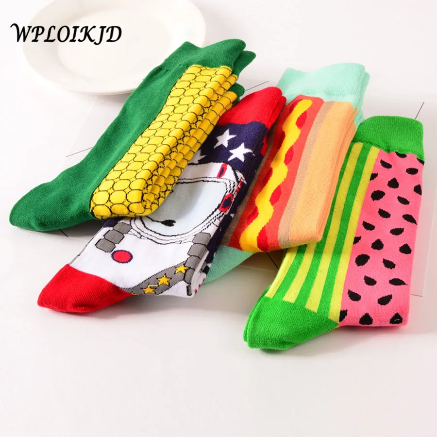 

[WPLOIKJD]Funny Art Fashion Creative Character Watermelon Corn Spacemen Noodle Hot Dog Cloud Spray Astronaut Patterns Crew Socks