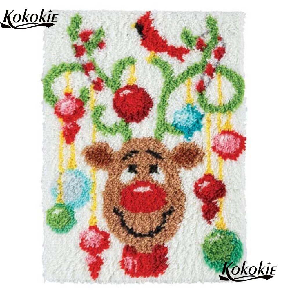 

DIY latch hook rug canvas printing Christmas deer vloerklee tapijt foamiran for needlework accessories knooppakket crochet tapis