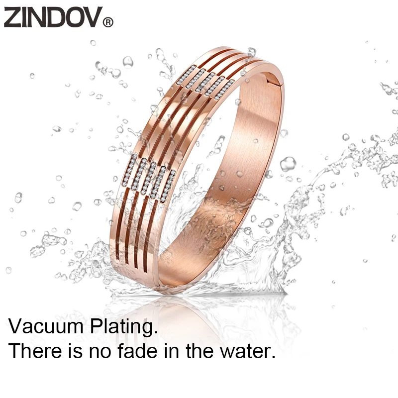 ZINDOV Trendy Jewelry Lady Bracelets For Women Gold Crystal Luxury 316L Stainless Steel Bangles Rose Big Wide Dropshipping | Украшения и