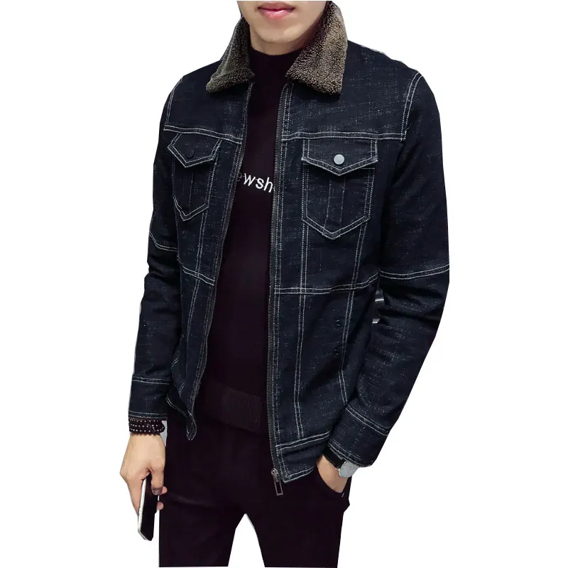

2019 Men Fashion Denim Jackets Autumn and Winter Black Denim Jacket Thick Wool Coat Male Plus Velvet Denim Jacket Size M-2XL 3XL