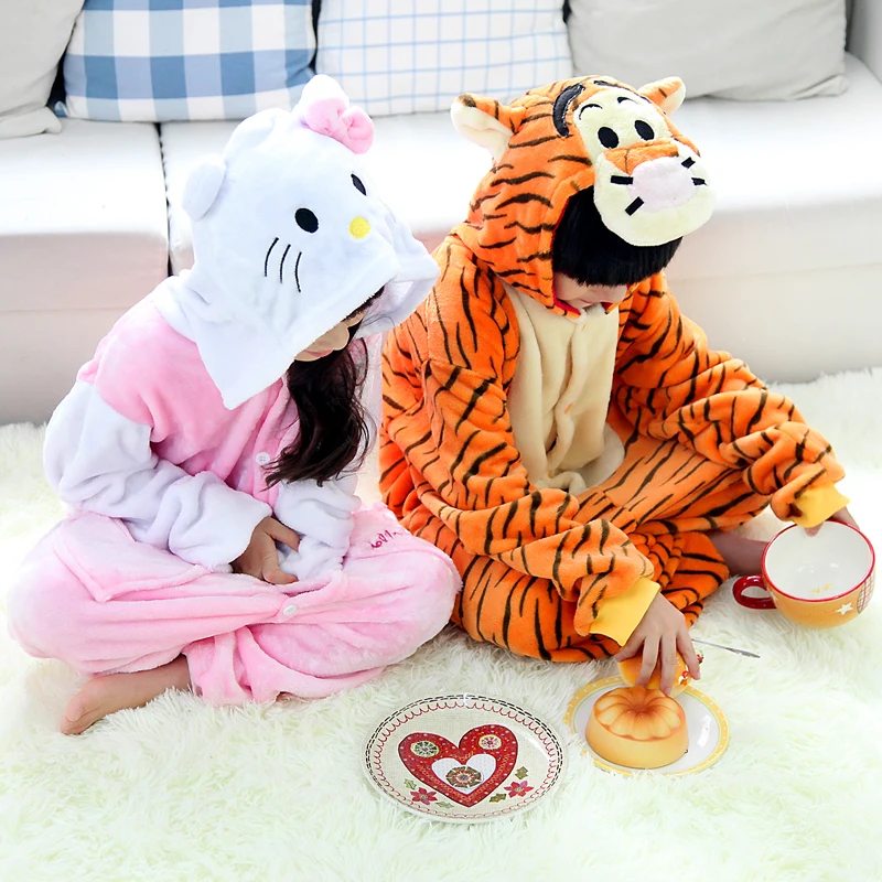 Kitty Прыжки Тигр Косплей Костюм фланелевые пижамы унисекс дети животных Onesie Pijama