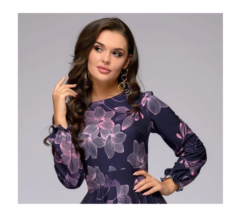 S.FLAVOR Women printing A-line dress Elegant purple color long sleeve short dress New Spring Summer vintage vestidos
