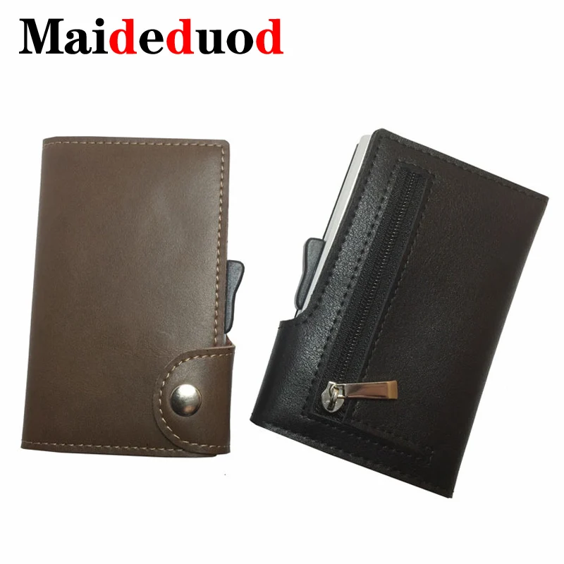 

Credit Card Holder 2019 New Aluminum Box Card Wallet RFID Genuine leatherr Pop Up Card Case Hasp Black Brown Coin Purse