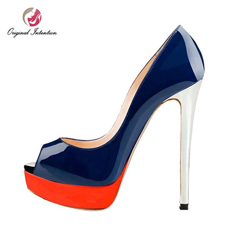 

Original Intention Sexy Platform High Heels Women's Pumps Patent Leather Peep Toe Spike Leopard Silver Red Heels Shoes Women