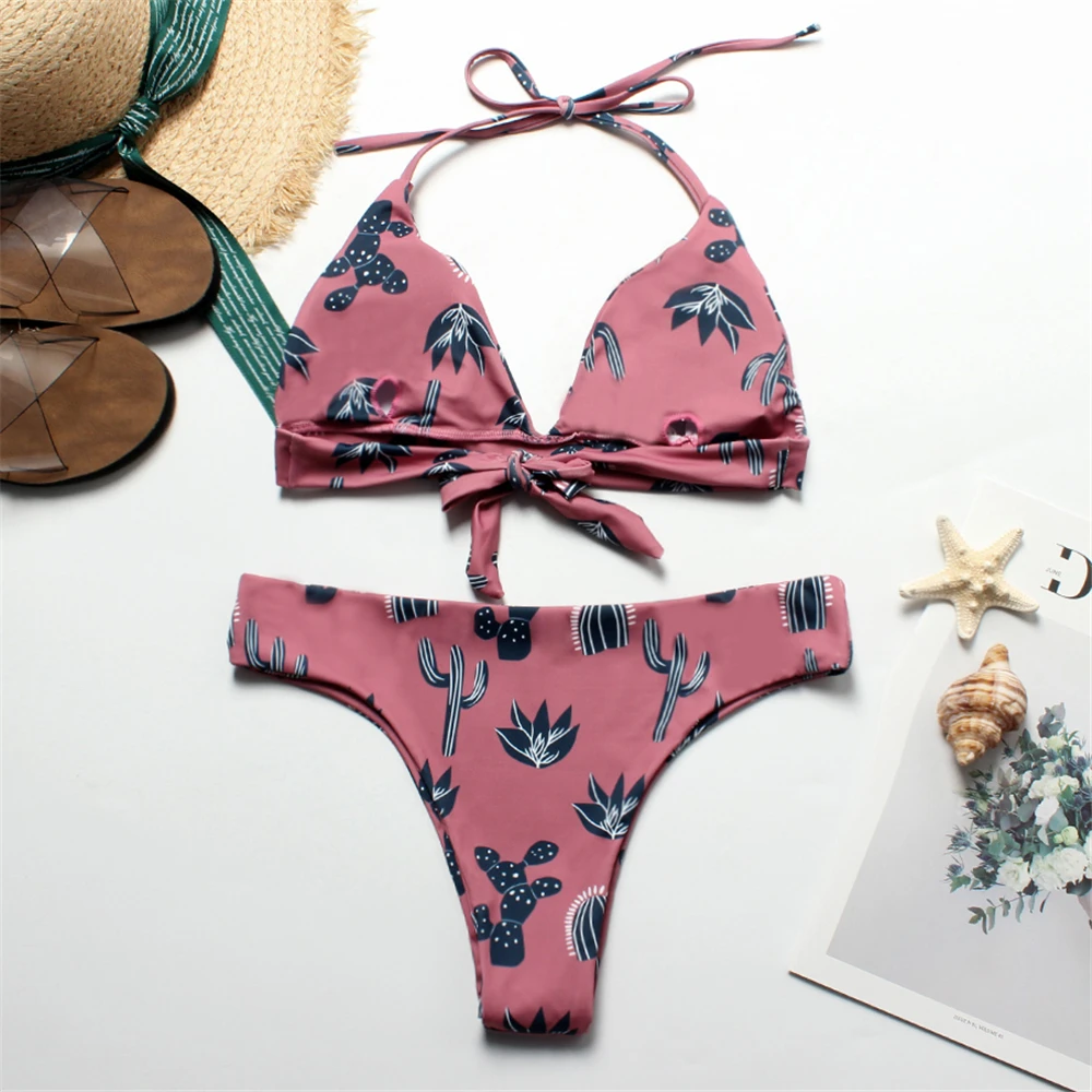 Сексуальные стринги двухсторонние купальники женские печатные цветочные бикини