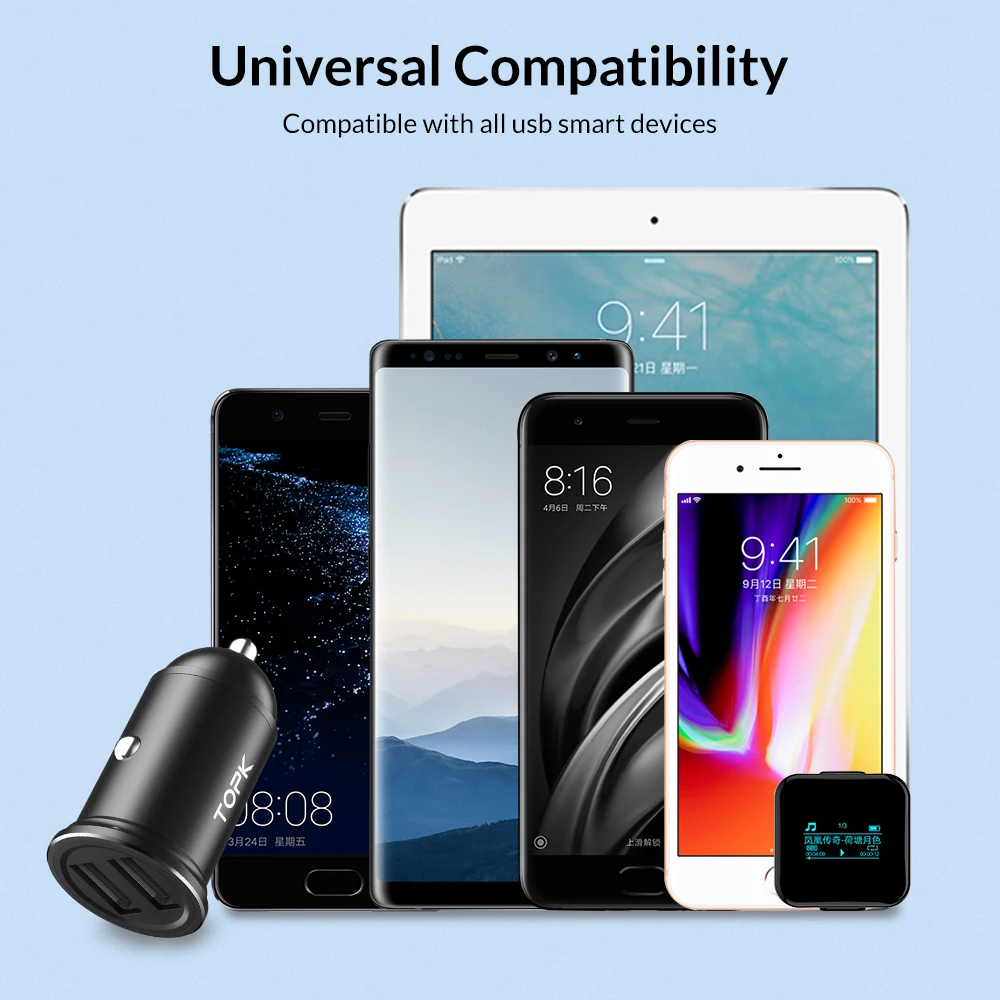 TOPK Mini Dual USB Автомобильное зарядное устройство для телефона Быстрая зарядка iPhone и