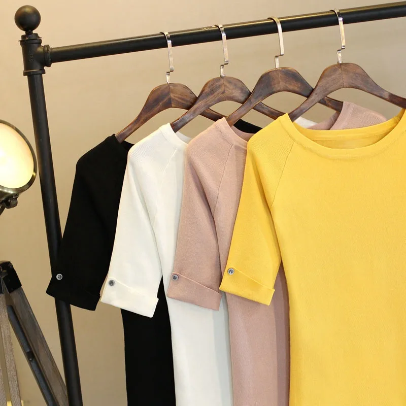 M-XXL Summer T Shirt Women Top Tee Hal Sleeve T-Shirt With Button Decorate High Elastic Knitting Tshirt Femme Harajuku | Женская одежда