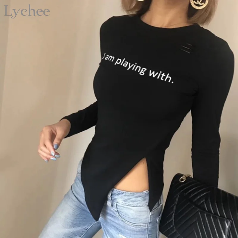 Lychee Sexy Women T Shirt Letter Print Hole Split Irregular Long Sleeve Slim T-shirt Spring Autumn Tee Top | Женская одежда