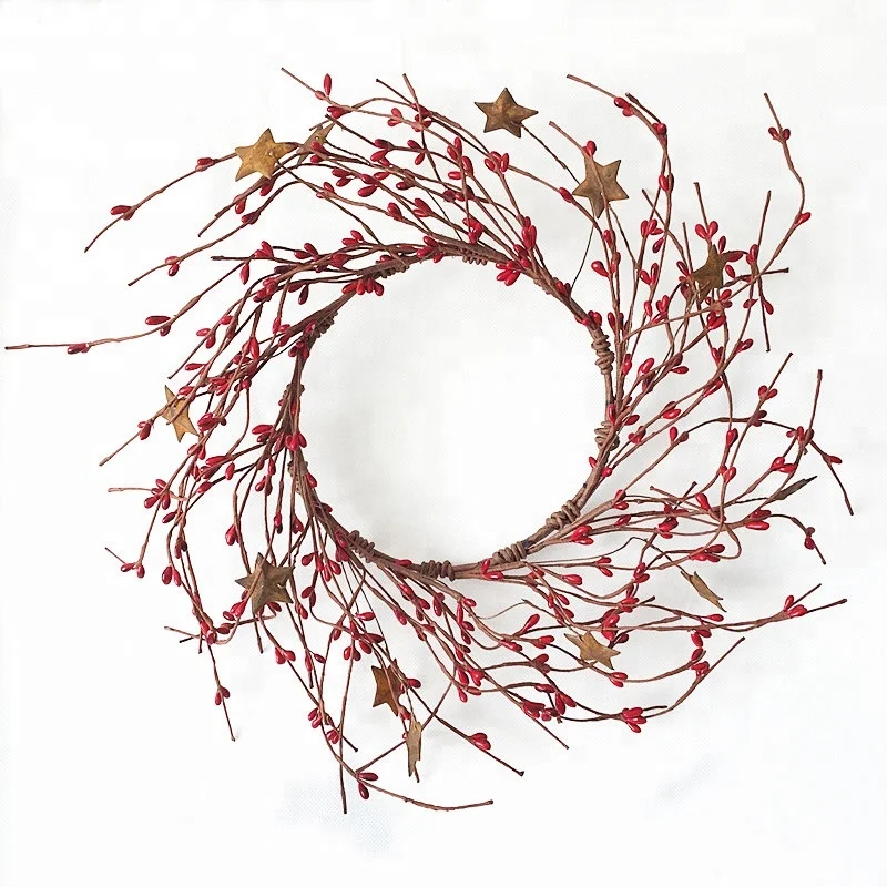 

1pc/lot 6 Inch Inner Diameter Wreath Artificial Red Pip Berry with Rusty Star Candle Ring