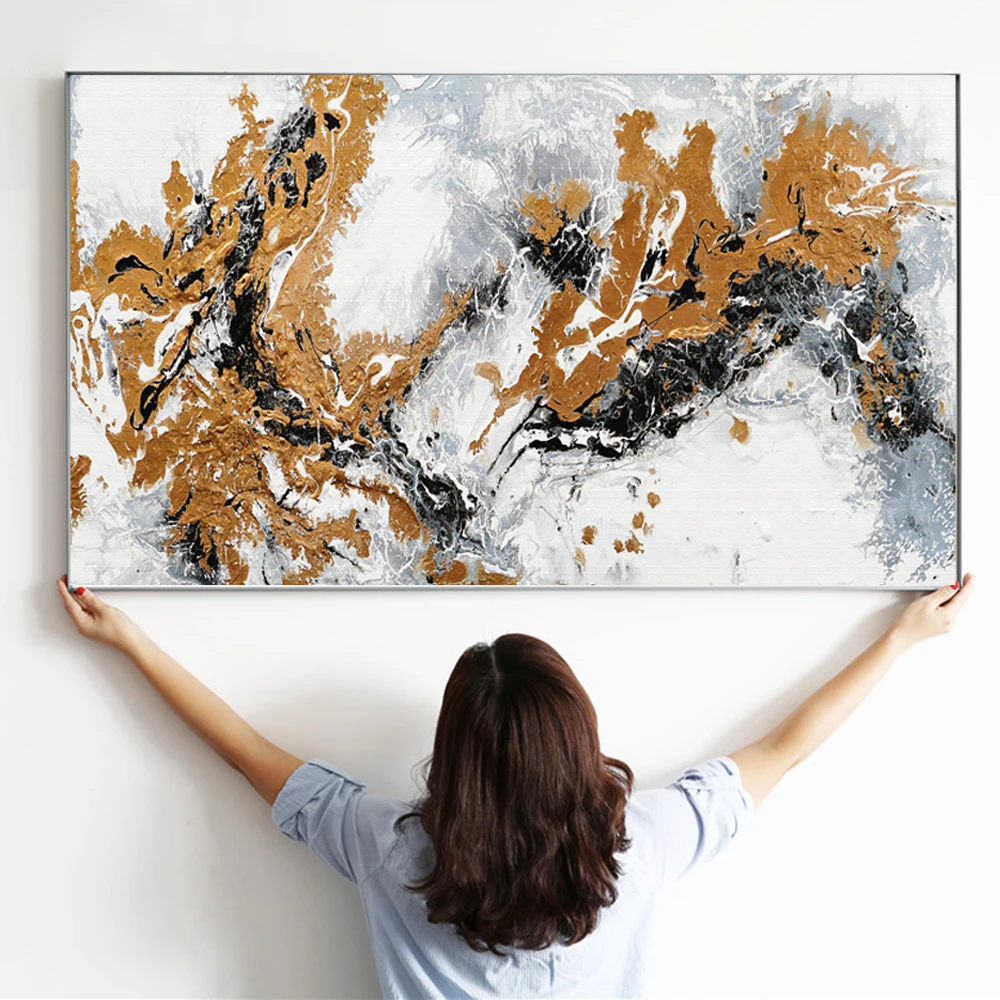 WANGART Абстрактная Картина на холсте настенное искусство Золотая и черная