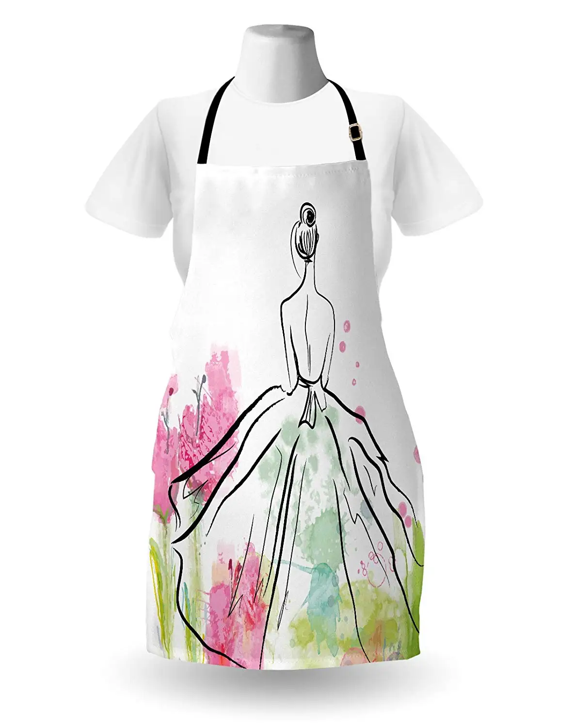 Модный фартук эскиз женский силуэт длинное платье дизайн с акварельными цветами