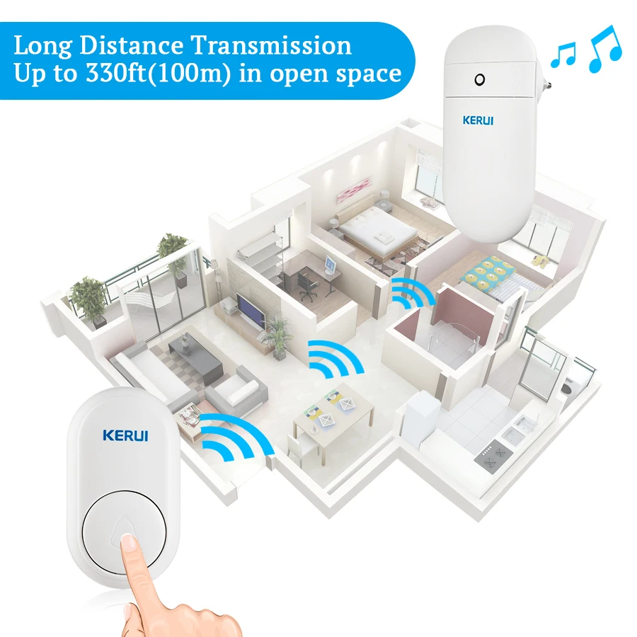 Беспроводной дверной звонок KERUI M518 с самогенерацией энергии, 52 мелодии, умными функциями безопасности, приветственными мелодиями дверного звонка, мини-кнопкой и светодиодным освещением.