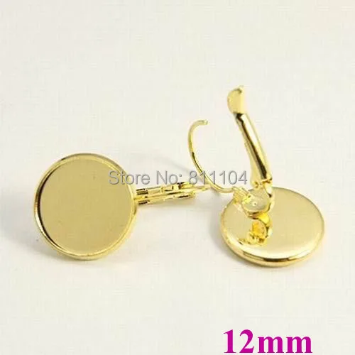 

12mm New Gold tone Plated Round Circle Bezel Cups Bases French Style Clip Hook Cabochon Settings Earrings Blank Wholesale