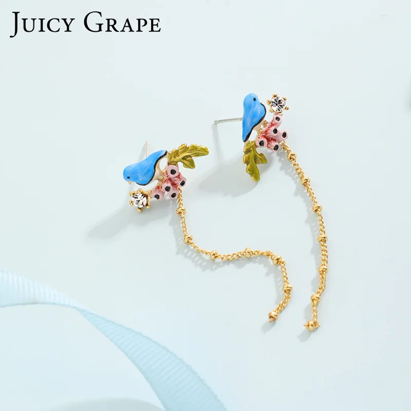 Juicy Grape Enamel Glaze Copper Gilded Spiral Earrings for Women Ear Hook Clip Blue Bird Animal Fashion Jewelry | Украшения и
