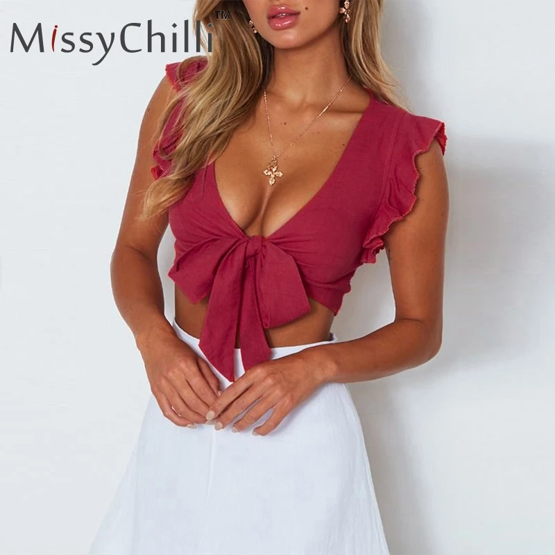 MissyChilli с оборками и бантом, v-образный вырез, плюс размер, женский укороченный топ, красный тонкий бандаж, Осенний топ на бретелях, женский зеленый Фитнес, повседневный Топ, футболка на бретельках