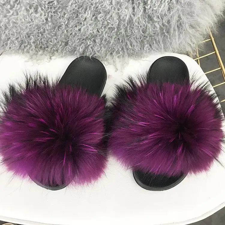 PURPLE Женские тапочки с натуральным мехом енота; коллекция года; повседневные пушистые домашние шлепанцы на плоской подошве из лисьего меха; сезон лето; большие размеры 45 - Цвет: PURPLE
