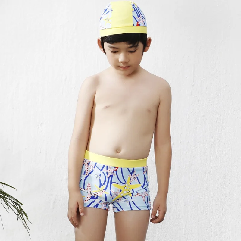 Summer Blue Printed Starfish Swimsuits Board Shorts+Cap for 2-10 Years Boy Children Kids Swimwear Swimming Exercises |