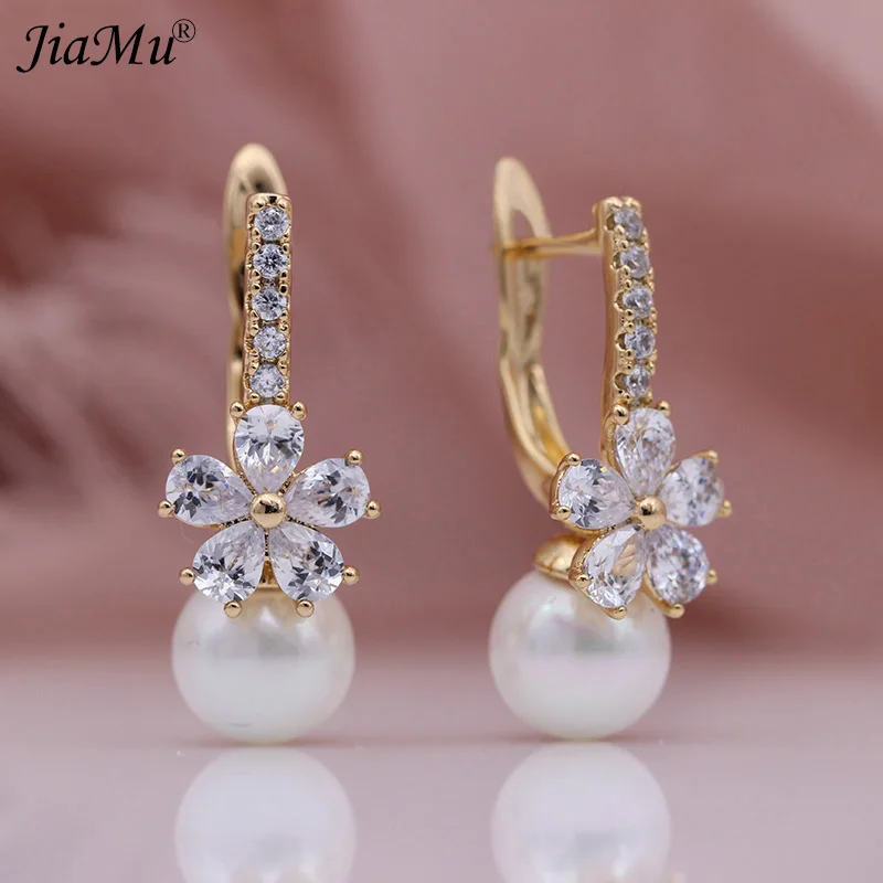 

JiaMu New White Shell Pearls Dangle Earrings 585 Rose Gold Multicolor Natural Zircon Women Wedding Fashion Jewelry