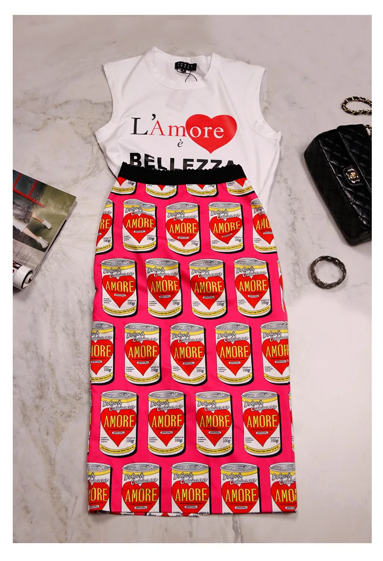 2018 Весна осень белый любовь печати футболка с короткими рукавами + письмо юбка