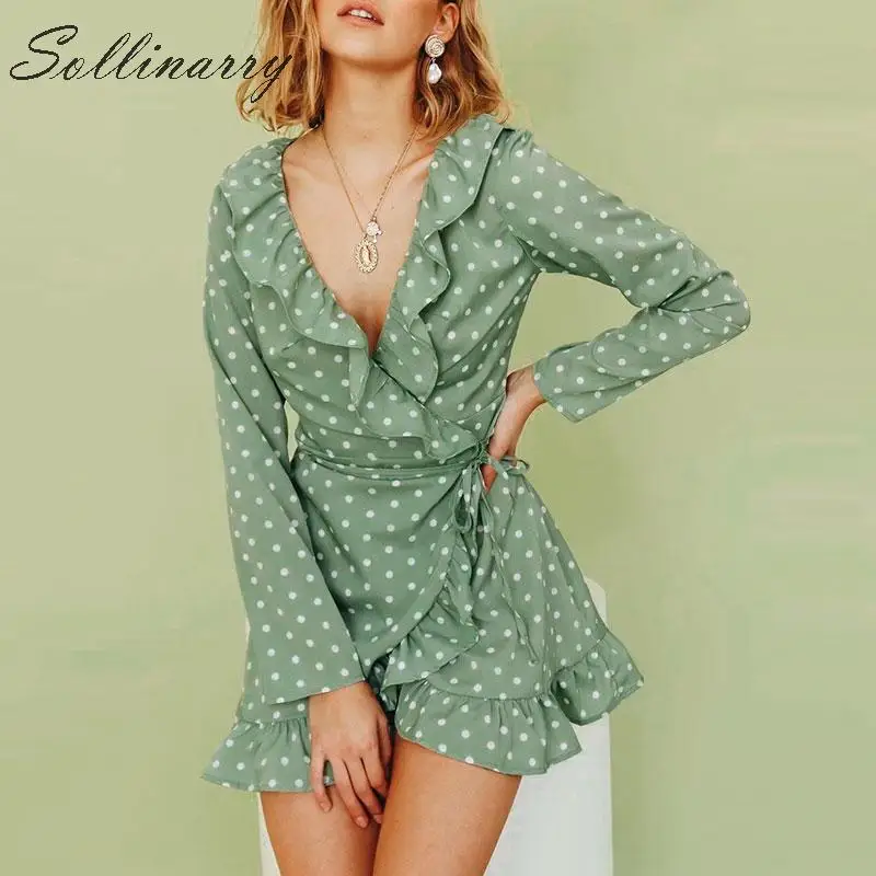 Sollinarry зимнее короткое платье с длинным рукавом женское в горошек зеленого цвета