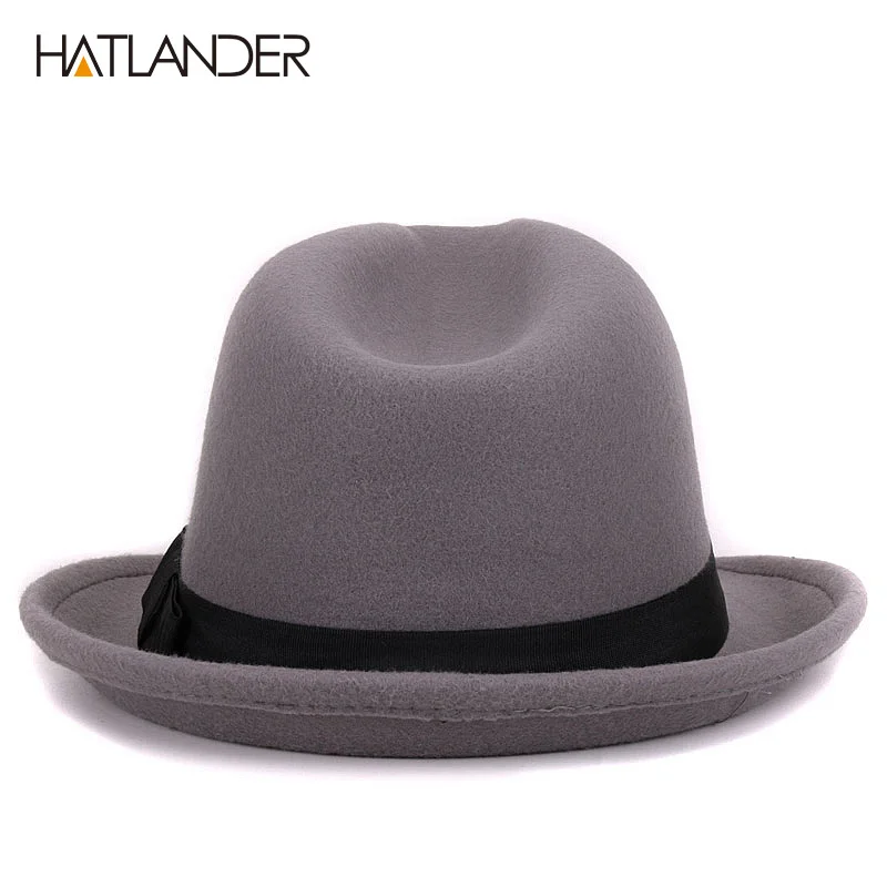 [HATLANDER]Solid boater artificial wool fedoras hat for women mens trilby Jazz caps gambler church bowler winter top hats | Аксессуары