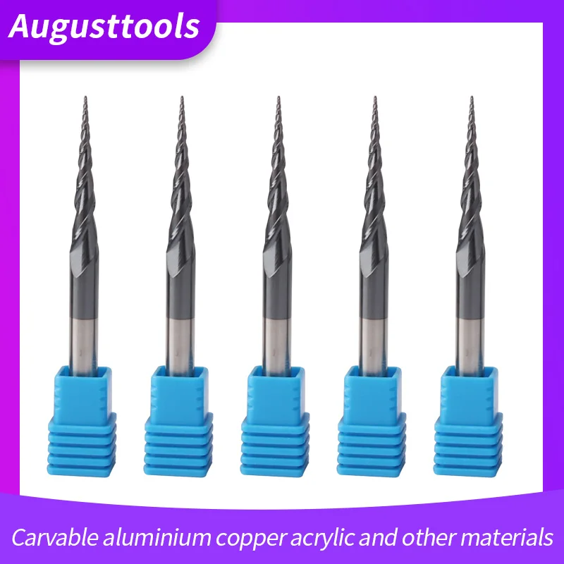 Augusttools Карбид Вольфрама Конические фрезерный станок HRC55 ЧПУ конус древесины металла фрезерный шар нос концевая мельница 4 мм 6 мм