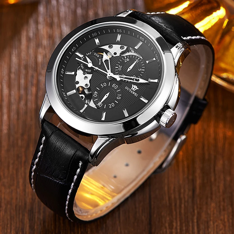Ouyawei Montre Automatique Homme бизнес стиль черные кожаные автоматические часы с