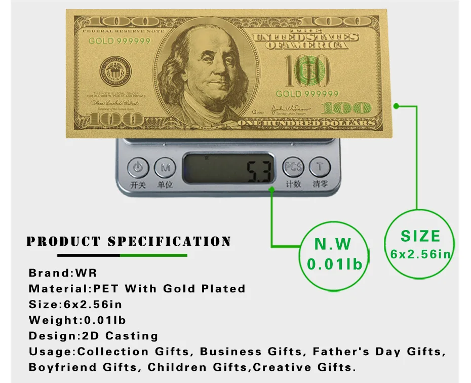 Золотая банкнота WR для украшения дома из фольги 100 долларов США|banknote|banknotes