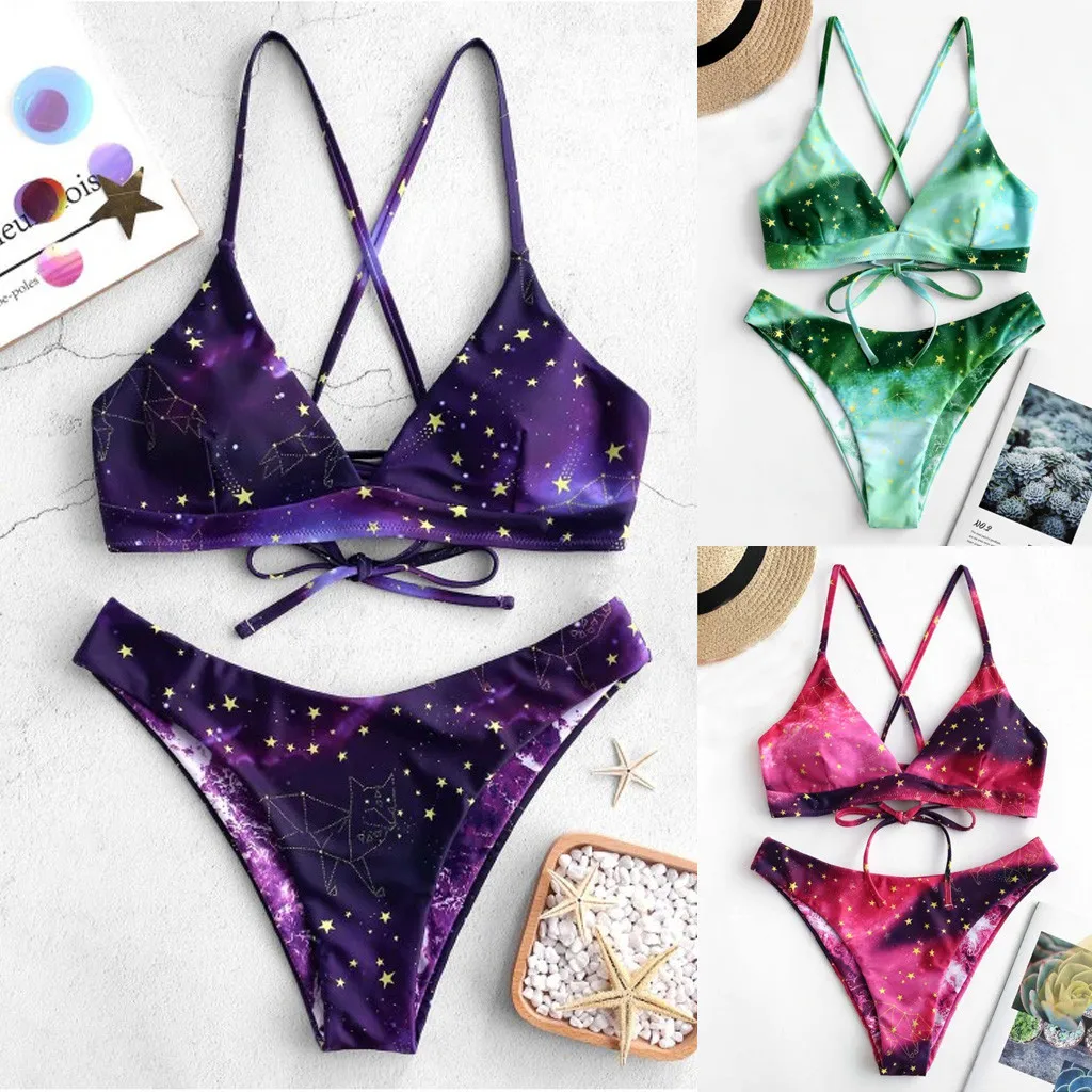 

Bikinis Set Swimwear Women Swimsuit Sexy Swimming Bikini Bathing Suit Beachwear Summer Biquini Suspender Star Gradual Print 2019