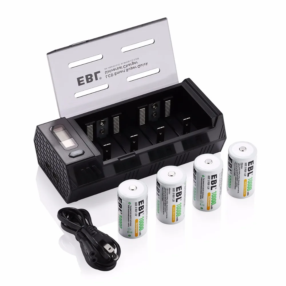 EBL 4 шт размер D R20 10000mAh перезаряжаемые батареи + зарядное устройство для AA AAA C 9V Ni-MH
