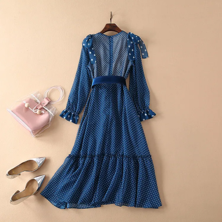 Женское винтажное платье в горошек дизайнерское с длинным рукавом и треугольным