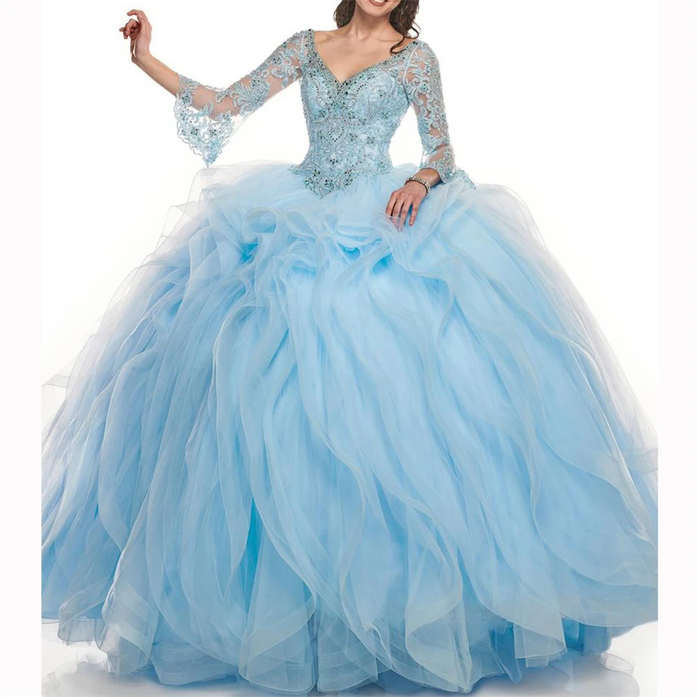 

Excellent pars quinceañeras vertidos de 15 anos 3/4 Sleeves Lace AndTulle Beading Crystals vestidos de quinceanera dresses