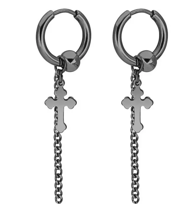 SaYao 2 Pieces Stainless Steel Hoop Earring Skull Cross Tassel Chain Ear Earrings Huggie Earring Jewelry Helix Tragus Boy Men