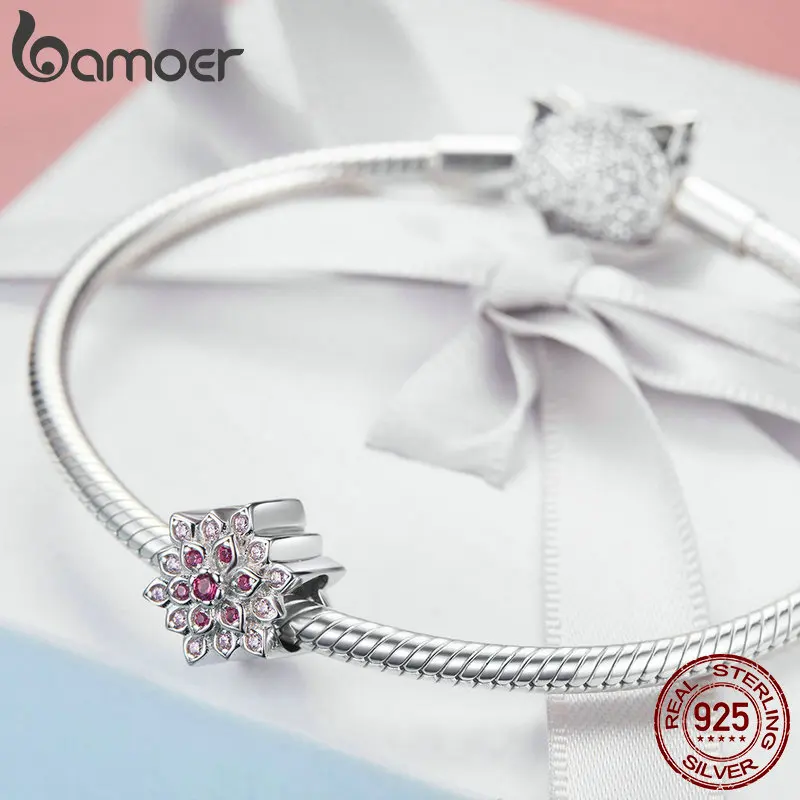 BAMOER настоящий 925 пробы Серебряный Светящийся красный цветок лотоса бусины талисманы подходят оригинальные браслеты и ожерелья цепи ювелирные изделия BSC038