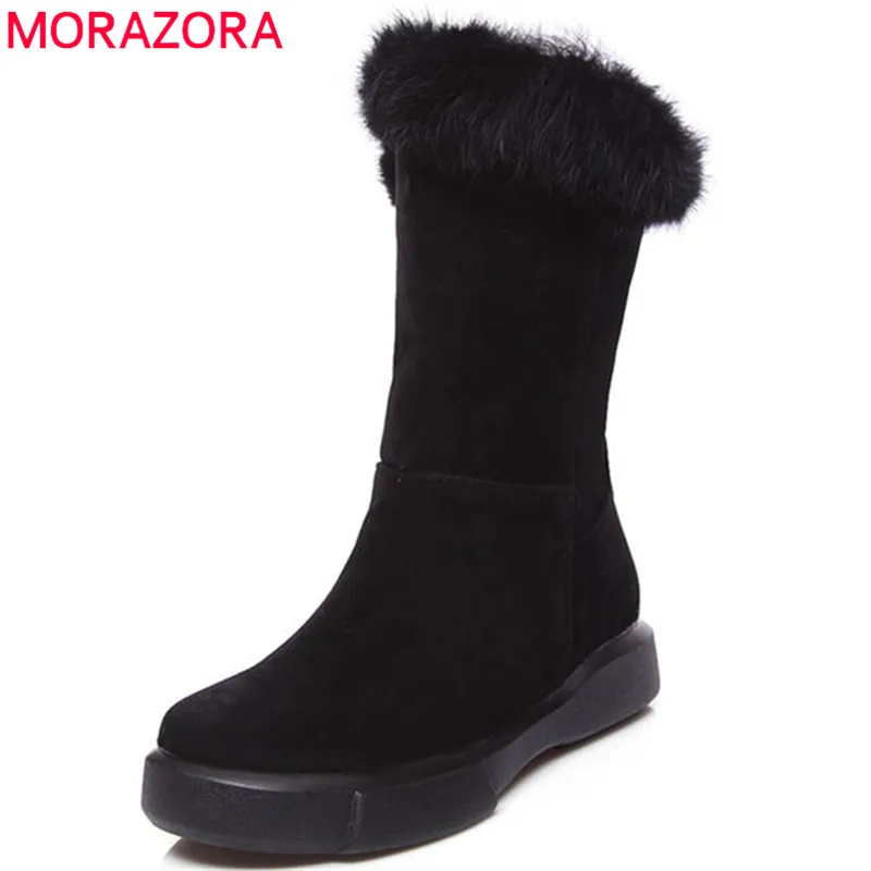 MORAZORA/ г. Большие размеры 34-43, милые зимние ботинки с круглым носком Модные ботинки до середины икры без шнуровки однотонная комфортная обувь на плоской подошве для женщин