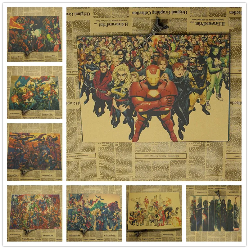Винтажная Классическая серия супергероев Marvel Ретро плакат, крафт-бумага, бумага для бара, кафе, домашний декор, Настенная роспись, наклейка 42x30 см