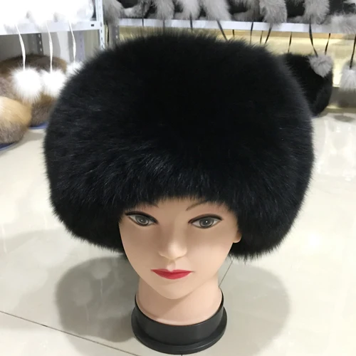 black Женская зимняя шапка из натурального Лисьего меха, теплая мягкая пушистая шапка из меха лисы для девочек, роскошная Высококачественная шапка-бомбер из натурального Лисьего меха - Цвет: black
