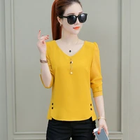 women spring autumn style chiffon blouses shirts lady casual long sleeve o neck yellow blusas tops dd1963