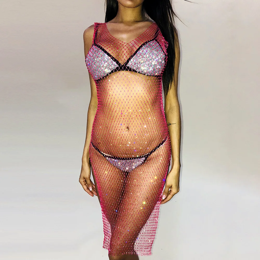 

Brand Rhinestones White Black Mesh Hollow Out Dress Sexy V-Neck Sleeveless Fishnet Bodycon Women Summer High Split Party Dresses