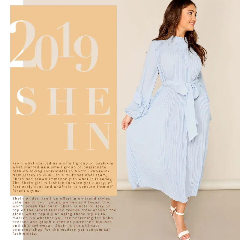 SHEIN Плиссированное Платье Со Стоячим Воротником Поясом И Оригинальным Рукавом Однотонное Платье В Складку С Оборкой