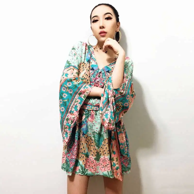 Богемный Вдохновленный цветочный принт кимоно комбинезоны цыганский стиль