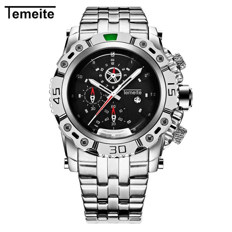Silver Black Temeite часы Для мужчин часы золотые Роскошные Нержавеющая сталь Для мужчин наручные часы кварцевые часы Для мужчин Элитный бренд Relogio Masculino - Цвет: Silver Black