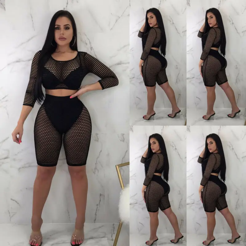 

Women Crochet Mesh Fishnet Bikini Cover Up Summer Through Crop Top Set
