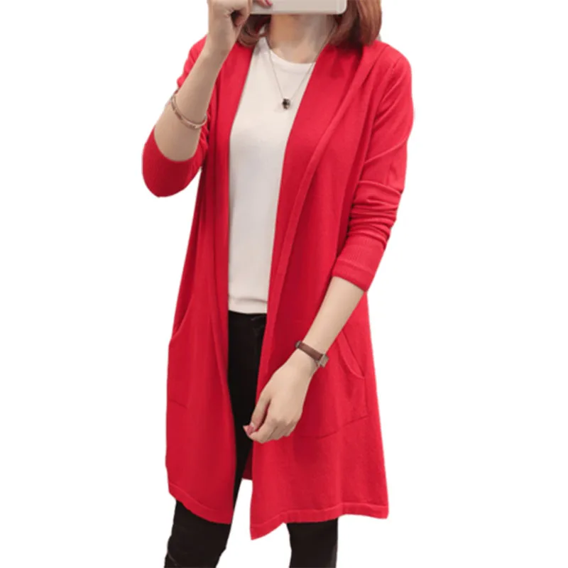 Осенне-зимний женский вязаный свитер с капюшоном кардиган простой средней длины